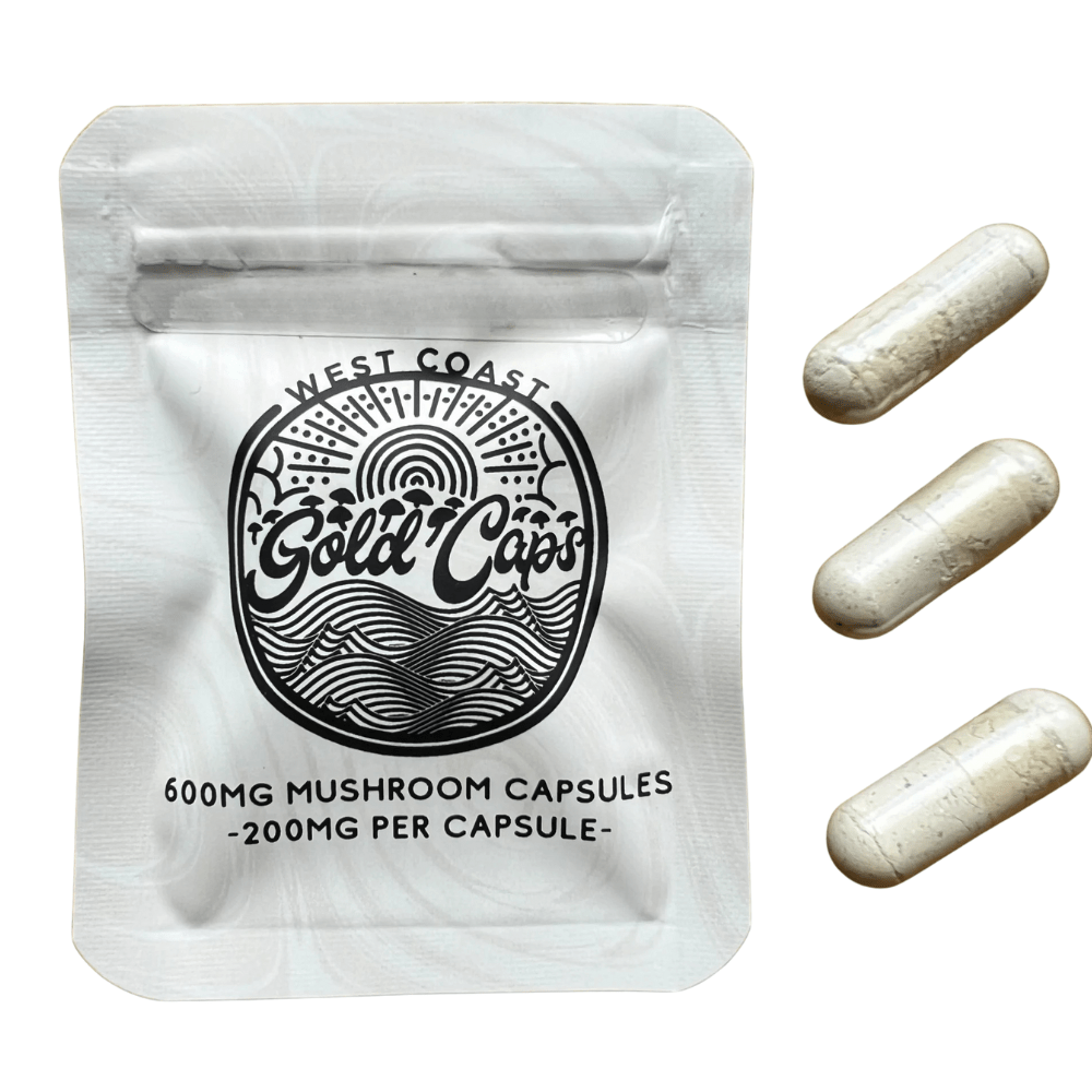 West Coast Gold Caps Mushroom Capsules 600mg - Weedz DC - Virginia and DC Delivery